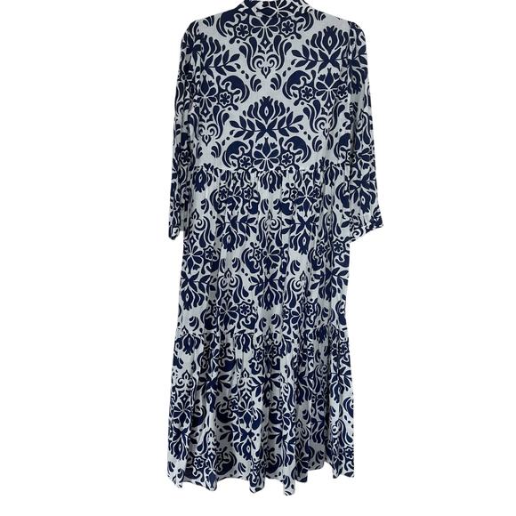 Zara Navy White Damask Print A-Line Long Sleeve Midi Shirt Dress Size Small - Picture 3 of 7